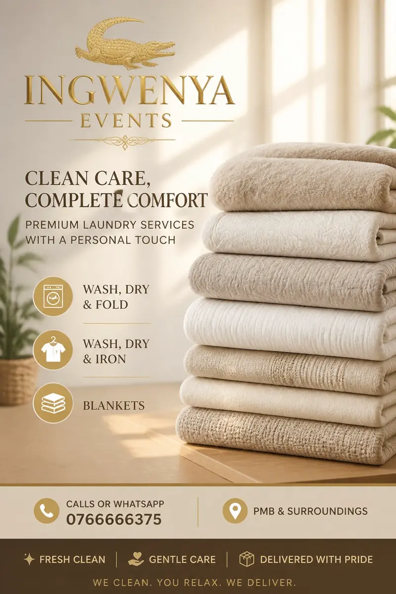 Folded beige linens — Ingwenya Events premium laundry services flyer